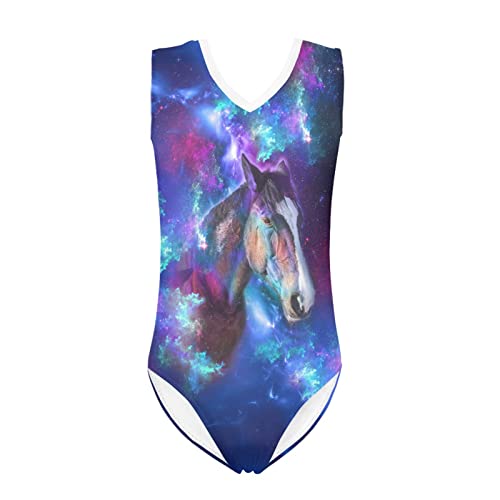 Poceacles Einteiliger ärmelloser Badeanzug für Mädchen, Tier-Pflanzen-Druck, V-Ausschnitt, Strandbademode, Bikini, Surfen, Badeanzug, Galaxy Horse-purple, 11-12 Jahre von Poceacles