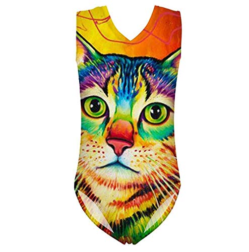 Poceacles Einteiliger ärmelloser Mädchen-Badeanzug mit Tier-Pflanzendruck, V-Ausschnitt, Strand-Bademode, Bikini, Surfen, Badeanzug, katze, 9-10 Jahre von Poceacles