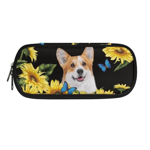 Poceacles Federmäppchen für Jungen und Mädchen, großes Fassungsvermögen, Stiftemäppchen, Büro-Organizer, einfaches multifunktionales Federmäppchen, Corgi Dog Sunflower, Einheitsgröße, Federmäppchen von Poceacles