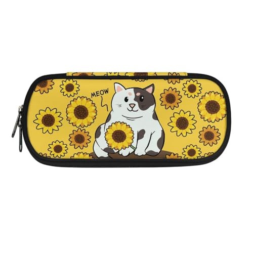 Poceacles Federmäppchen für Kinder, Jungen, Mädchen, Schreibwaren-Tasche, Marker-Organizer, tragbare Kosmetiktasche, Münzgeldbörse, Cartoon-Katzen-Sonnenblume, Einheitsgröße, Federmäppchen von Poceacles