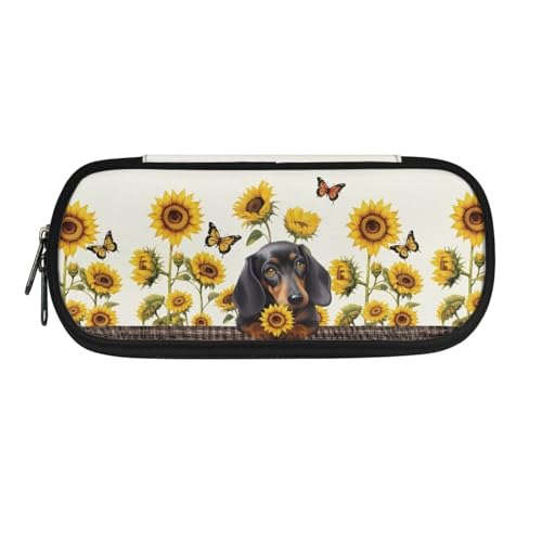 Poceacles Federmäppchen für Mädchen und Jungen, großes Fassungsvermögen, tragbare Bürobedarfs-Make-up-Tasche, Schreibtisch-Organizer für Büro, Dackel, Sonnenblume, Einheitsgröße, Federmäppchen von Poceacles