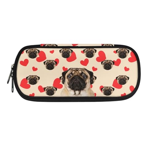 Poceacles Federmäppchen für Mädchen und Jungen, großes Fassungsvermögen, tragbare Bürobedarfs-Make-up-Tasche, Schreibtisch-Organizer für Büro, Mops-Hundeherz, Einheitsgröße, Federmäppchen von Poceacles