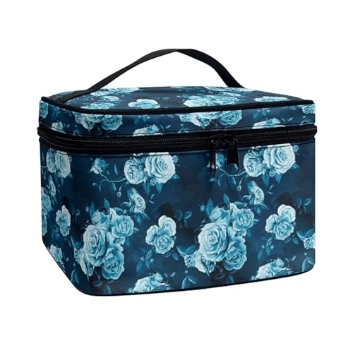 Poceacles Große Make-up-Tasche, tragbare Reise-Make-up-Tasche für Damen und Mädchen, Make-up-Pinseltasche, Make-up-Tasche, Organizer, Kosmetiktasche, Blaue Rose mit Blumenmuster, Einheitsgröße von Poceacles