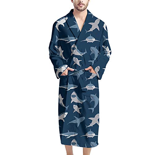 Poceacles Herren Bademäntel Langarm V-Ausschnitt Bademäntel mit Bindegürtel Schal Pyjama Kimono Nachthemd, Marineblauer Hai, Einheitsgröße von Poceacles