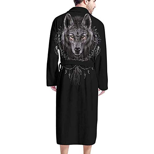 Poceacles Herren Bademäntel Langarm V-Ausschnitt Bademäntel mit Bindegürtel Schal Pyjama Kimono Nachthemd, Wolf mit Boho-Feder, Einheitsgröße von Poceacles