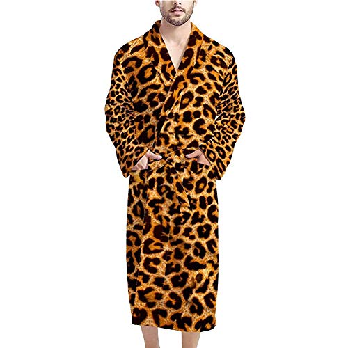 Poceacles Herren Bademäntel Langarm V-Ausschnitt Bademäntel mit Bindegürtel Schal Pyjama Kimono Nachthemd, Brauner Gepard, Einheitsgröße von Poceacles