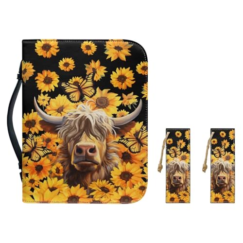 Poceacles Highland Rinder Bibelhülle für Frauen Sonnenblume Schmetterling Druck Leder Bibeltasche mit 2 Lesezeichen Bibeltasche mit Duable Griff und glattem Reißverschluss Tragbares Bibelstudium von Poceacles