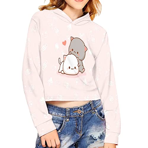 Poceacles Kinder Hoodies Crop Tops für Mädchen Langarm Pullover Sweatshirts Herbstkleidung 5-14T, Cartoon-Katze Pink, 11-12 Jahre von Poceacles
