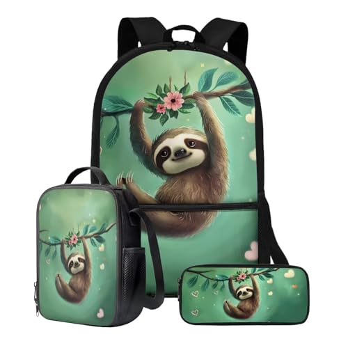 Poceacles Kinder-Rucksack, Büchertaschen-Set, Schultasche mit Lunchtasche, Federmäppchen-Set für Kindergarten, elementare mittlere Büchertaschen, Faultier Grün, Einheitsgröße von Poceacles