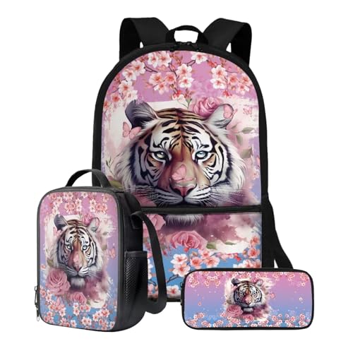 Poceacles Kinder-Rucksack, Büchertaschen-Set, Schultasche mit Lunchtasche, Federmäppchen-Set für Kindergarten, elementare mittlere Büchertaschen, Pfirsichblüten-Tiger, Einheitsgröße von Poceacles