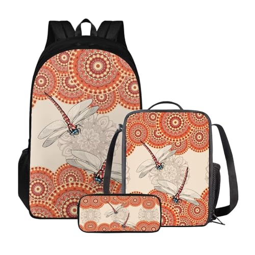 Poceacles Kinder-Rucksack, Schultasche, Lunch-Tasche, Federmäppchen-Set, 3-in-1, primäre Elementar-Büchertasche, leichter Reiserucksack, Boho Mandala Libelle, Einheitsgröße von Poceacles