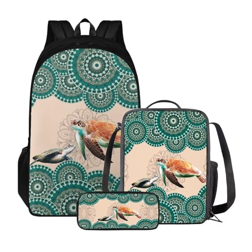 Poceacles Kinder-Rucksack, Schultasche, Lunch-Tasche, Federmäppchen-Set, 3-in-1, primäre Elementar-Büchertasche, leichter Reiserucksack, Boho-Mandala-Schildkröte, Einheitsgröße von Poceacles