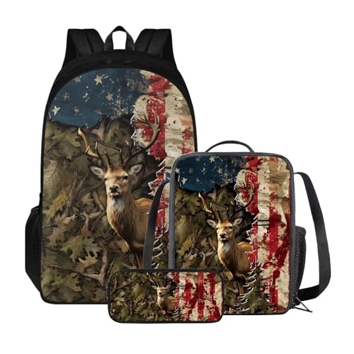 Poceacles Kinder-Rucksack, Schultasche, Lunch-Tasche, Federmäppchen-Set, 3-in-1, primäre Elementar-Büchertasche, leichter Reiserucksack, Camo Amerikanische Flagge Hirsch, Einheitsgröße von Poceacles