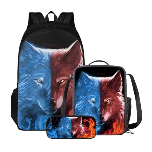 Poceacles Kinder-Rucksack, Schultasche, Lunch-Tasche, Federmäppchen-Set, 3-in-1, primäre Elementar-Büchertasche, leichter Reiserucksack, Leuchtender Blitzwolf, Einheitsgröße von Poceacles