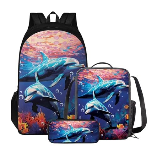 Poceacles Kinder-Rucksack, Schultasche, Lunch-Tasche, Federmäppchen-Set, 3-in-1, primäre Elementar-Büchertasche, leichter Reiserucksack, Seedelfin, Einheitsgröße von Poceacles