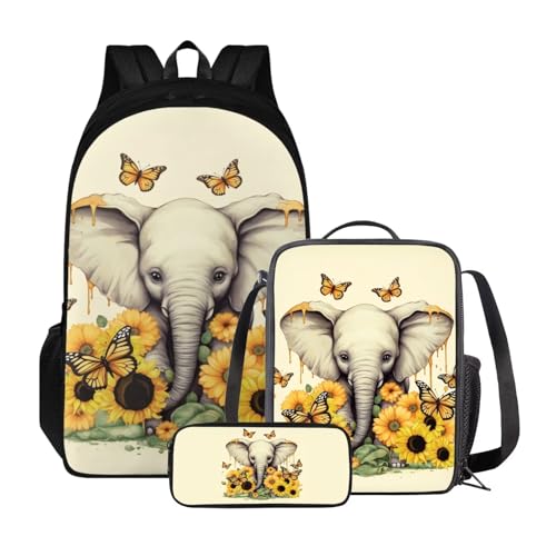 Poceacles Kinder-Rucksack, Schultasche, Lunch-Tasche, Federmäppchen-Set, 3-in-1, primäre Elementar-Büchertasche, leichter Reiserucksack, Sonnenblume Elefant, Einheitsgröße von Poceacles