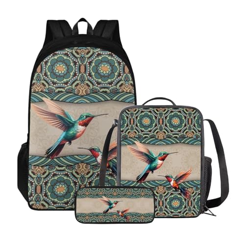 Poceacles Kinder-Rucksack-Set, Lunchtasche und Federmäppchen, leichter Schulrucksack für Kinder, elementare Büchertasche für Schüler, Boho Mandala Kolibri von Poceacles