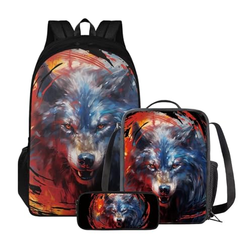 Poceacles Kinder-Rucksack-Set, Lunchtasche und Federmäppchen, leichter Schulrucksack für Kinder, elementare Büchertasche für Schüler, Cartoon-Wolf von Poceacles