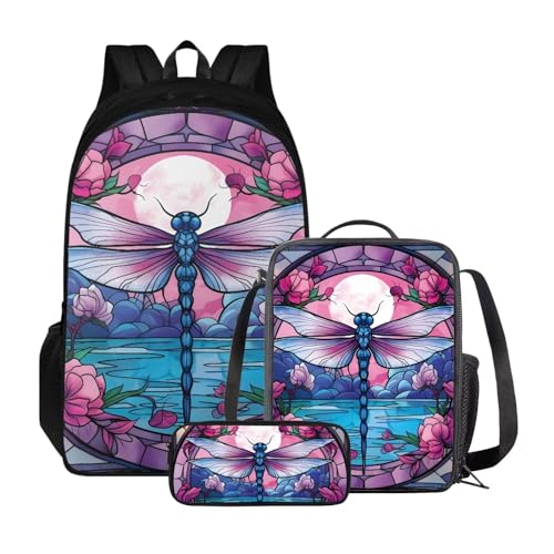 Poceacles Kinder-Rucksack-Set, Lunchtasche und Federmäppchen, leichter Schulrucksack für Kinder, elementare Büchertasche für Schüler, Elegante Libellen-Blume von Poceacles