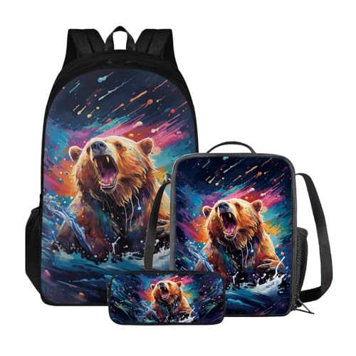 Poceacles Kinder-Rucksack-Set, Lunchtasche und Federmäppchen, leichter Schulrucksack für Kinder, elementare Büchertasche für Schüler, Farbspritzbär von Poceacles