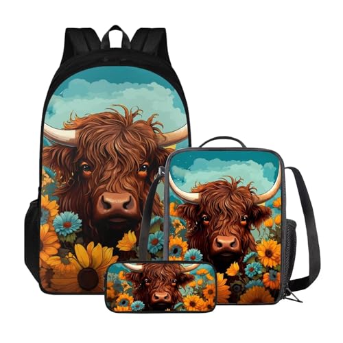 Poceacles Kinder-Rucksack-Set, Lunchtasche und Federmäppchen, leichter Schulrucksack für Kinder, elementare Büchertasche für Schüler, Highland Cattle Sunflower von Poceacles