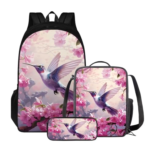 Poceacles Kinder-Rucksack-Set, Lunchtasche und Federmäppchen, leichter Schulrucksack für Kinder, elementare Büchertasche für Schüler, Kolibri-Kirschblüte von Poceacles