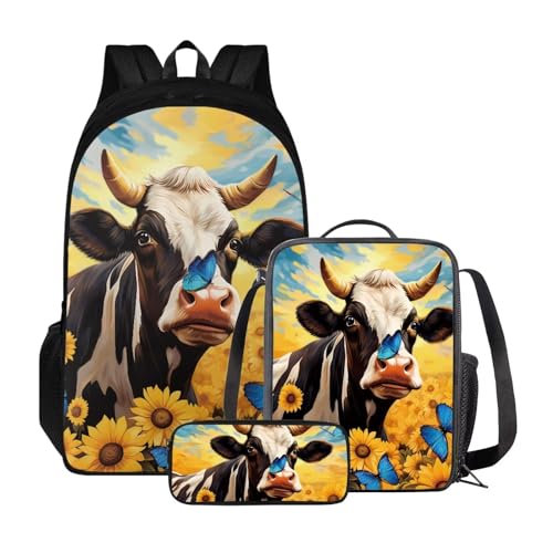 Poceacles Kinder-Rucksack-Set, Lunchtasche und Federmäppchen, leichter Schulrucksack für Kinder, elementare Büchertasche für Schüler, Kuh und Sonnenblume von Poceacles