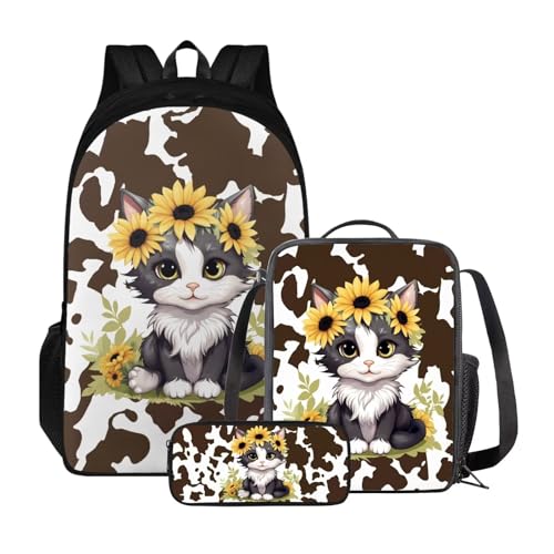 Poceacles Kinder-Rucksack-Set, Lunchtasche und Federmäppchen, leichter Schulrucksack für Kinder, elementare Büchertasche für Schüler, Leopard, Katze von Poceacles