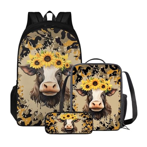 Poceacles Kinder-Rucksack-Set, Lunchtasche und Federmäppchen, leichter Schulrucksack für Kinder, elementare Büchertasche für Schüler, Leoparden-Kuh von Poceacles