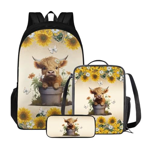 Poceacles Kinder-Rucksack-Set, Lunchtasche und Federmäppchen, leichter Schulrucksack für Kinder, elementare Büchertasche für Schüler, Lustiges Hochlandrinder von Poceacles