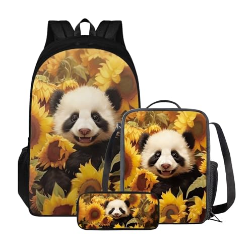 Poceacles Kinder-Rucksack-Set, Lunchtasche und Federmäppchen, leichter Schulrucksack für Kinder, elementare Büchertasche für Schüler, Panda Sonnenblume Trendy von Poceacles