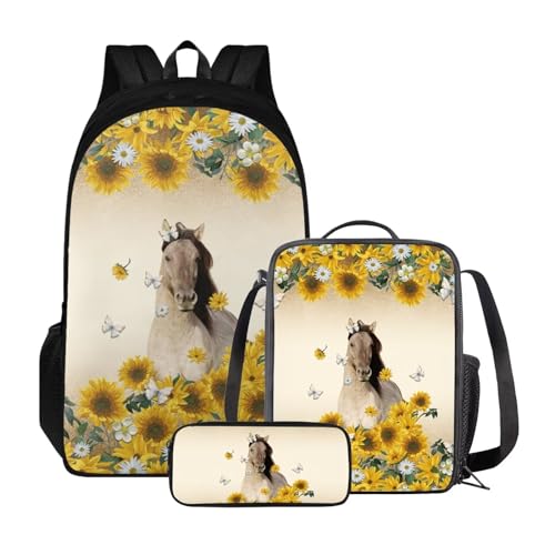 Poceacles Kinder-Rucksack-Set, Lunchtasche und Federmäppchen, leichter Schulrucksack für Kinder, elementare Büchertasche für Schüler, Pferd und Sonnenblume von Poceacles