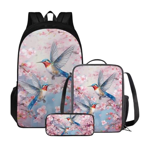 Poceacles Kinder-Rucksack-Set, Lunchtasche und Federmäppchen, leichter Schulrucksack für Kinder, elementare Büchertasche für Schüler, Pfirsichblüte und Kolibri von Poceacles