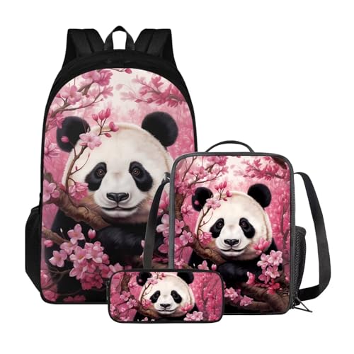 Poceacles Kinder-Rucksack-Set, Lunchtasche und Federmäppchen, leichter Schulrucksack für Kinder, elementare Büchertasche für Schüler, Pfirsichblüten-Panda von Poceacles