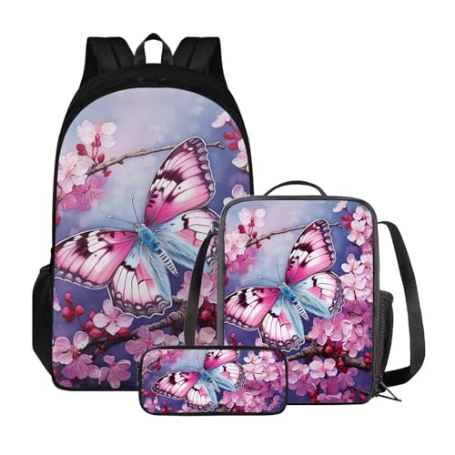 Poceacles Kinder-Rucksack-Set, Lunchtasche und Federmäppchen, leichter Schulrucksack für Kinder, elementare Büchertasche für Schüler, Pfirsichblüten-Schmetterling von Poceacles