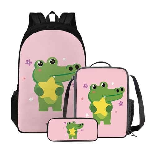 Poceacles Kinder-Rucksack-Set, Lunchtasche und Federmäppchen, leichter Schulrucksack für Kinder, elementare Büchertasche für Schüler, Rosa Cartoon-Krokodil von Poceacles