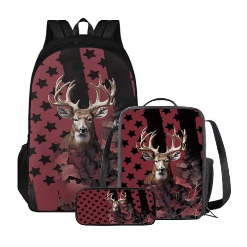 Poceacles Kinder-Rucksack-Set, Lunchtasche und Federmäppchen, leichter Schulrucksack für Kinder, elementare Büchertasche für Schüler, Rote USA-Flagge, Hirsch von Poceacles