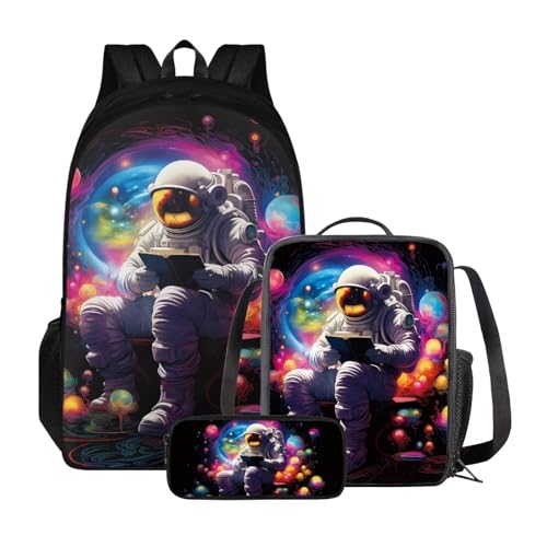 Poceacles Kinder-Rucksack-Set, Lunchtasche und Federmäppchen, leichter Schulrucksack für Kinder, elementare Büchertasche für Schüler, SPACEMAN von Poceacles