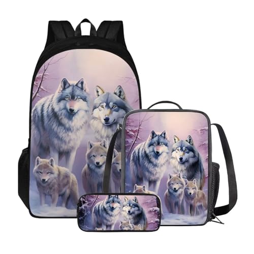 Poceacles Kinder-Rucksack-Set, Lunchtasche und Federmäppchen, leichter Schulrucksack für Kinder, elementare Büchertasche für Schüler, Wald Wolf von Poceacles