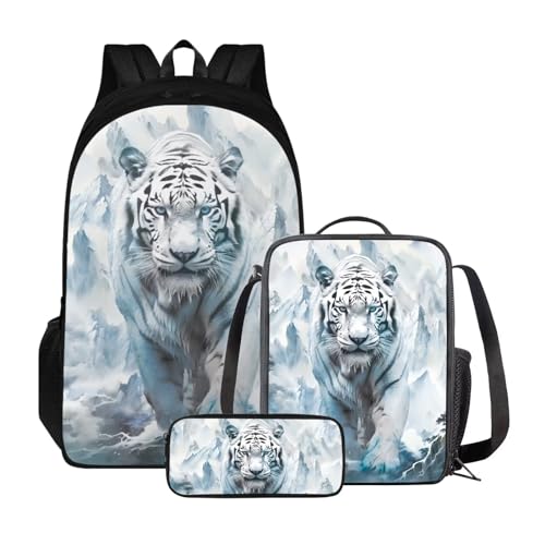 Poceacles Kinder-Rucksack-Set, Lunchtasche und Federmäppchen, leichter Schulrucksack für Kinder, elementare Büchertasche für Schüler, Waldtiger von Poceacles