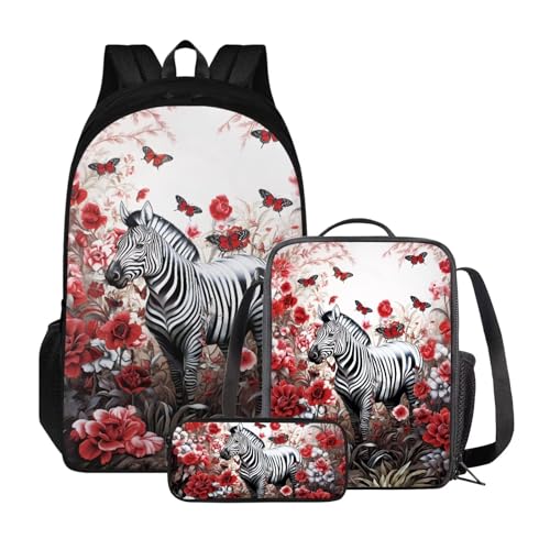 Poceacles Kinder-Rucksack-Set, Lunchtasche und Federmäppchen, leichter Schulrucksack für Kinder, elementare Büchertasche für Schüler, Zebra-Blume von Poceacles