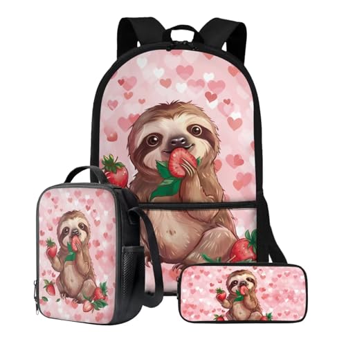 Poceacles Kinder-Rucksack mit Lunchtasche, Federmäppchen-Set, leichter Rucksack, Kindergarten, Grundschule, Mittelschule, Büchertasche, Faultierherz, Rosa, Einheitsgröße von Poceacles