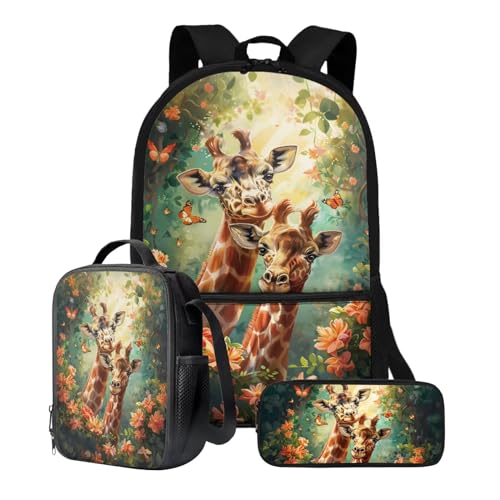 Poceacles Kinder-Rucksack mit Lunchtasche, Federmäppchen-Set, leichter Rucksack, Kindergarten, Grundschule, Mittelschule, Büchertasche, Giraffen-Blume, Einheitsgröße von Poceacles