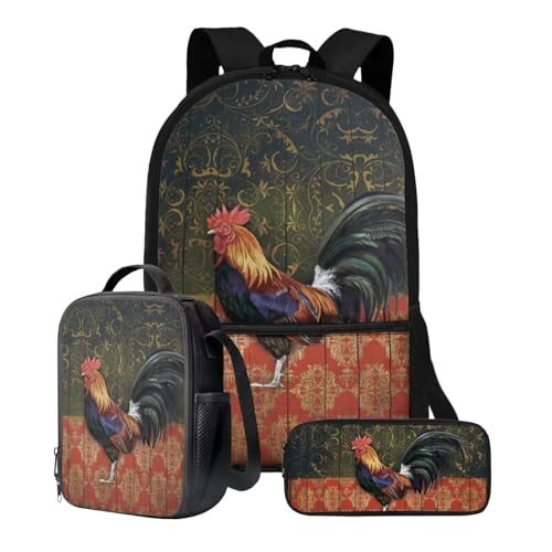 Poceacles Kinder-Rucksack mit Lunchtasche, Federmäppchen-Set, leichter Rucksack, Kindergarten, Grundschule, Mittelschule, Büchertasche, Huhn aus Holz, Einheitsgröße von Poceacles