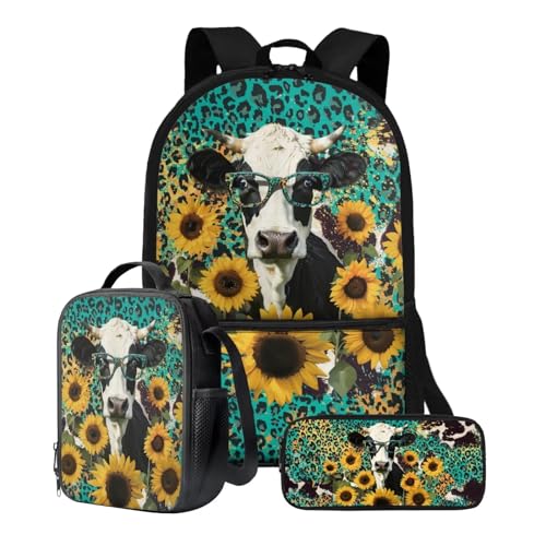 Poceacles Kinder-Rucksack mit Lunchtasche, Federmäppchen-Set, leichter Rucksack, Kindergarten, Grundschule, Mittelschule, Büchertasche, Kuh Leopard, Einheitsgröße von Poceacles