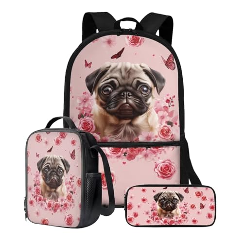 Poceacles Kinder-Rucksack mit Lunchtasche, Federmäppchen-Set, leichter Rucksack, Kindergarten, Grundschule, Mittelschule, Büchertasche, Mops Rose Pink, Einheitsgröße von Poceacles