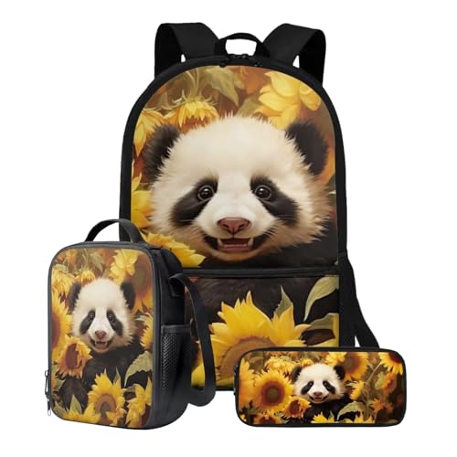 Poceacles Kinder-Rucksack mit Lunchtasche, Federmäppchen-Set, leichter Rucksack, Kindergarten, Grundschule, Mittelschule, Büchertasche, Panda-Sonnenblume, Einheitsgröße von Poceacles