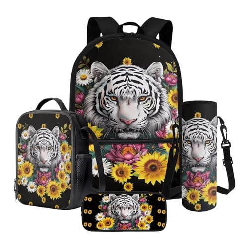 Poceacles Kinder Rucksäcke Set, 4 Teiliges Set mit Große Kapazität Rucksack Thermo Lunchbox Tasche Federmäppchen Flaschenhülle, White Tiger Daisy Sunflower Lotus Black, Einheitsgröße, Schulranzen-Set von Poceacles