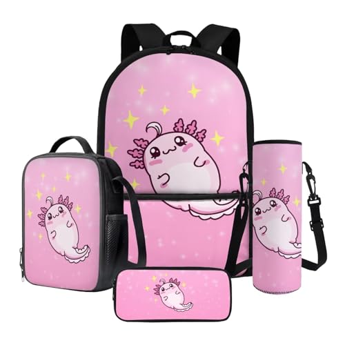 Poceacles Kinder Rucksäcke Set, 4-teiliges Set mit großer Kapazität Rucksack Thermo Lunchbox Tasche Federmäppchen Flaschenhülle, Cartoon Axolotl Star Pink, Einheitsgröße, Schulranzen-Set von Poceacles