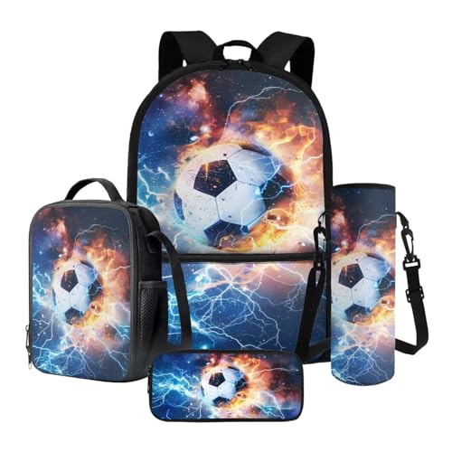 Poceacles Kinder Rucksäcke Set, 4-teiliges Set mit großer Kapazität Rucksack Thermo Lunchbox Tasche Federmäppchen Flaschenhülle, Fußball Lightning Flame Galaxy, Einheitsgröße, Schulranzen-Set von Poceacles